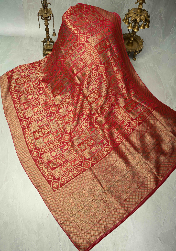 Vegan Georgette Floral Brocade Silk Saree in Vermiliion Red-Pink and Zari Border