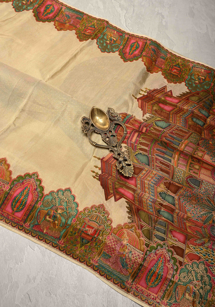 Beige Vegan  Viscose Shimmer Tissue Saree with Intricately Embroidery Border