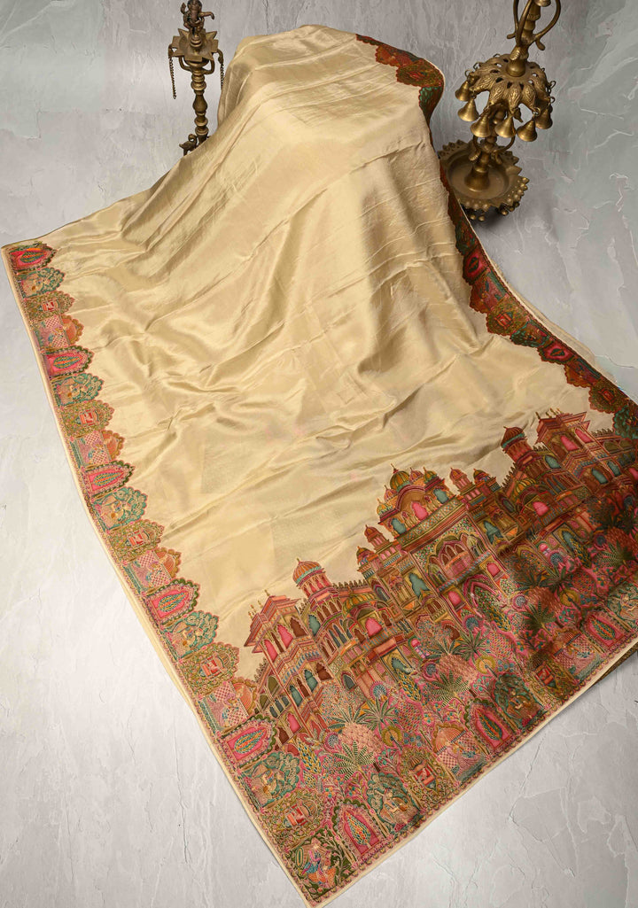 Beige Vegan  Viscose Shimmer Tissue Saree with Intricately Embroidery Border