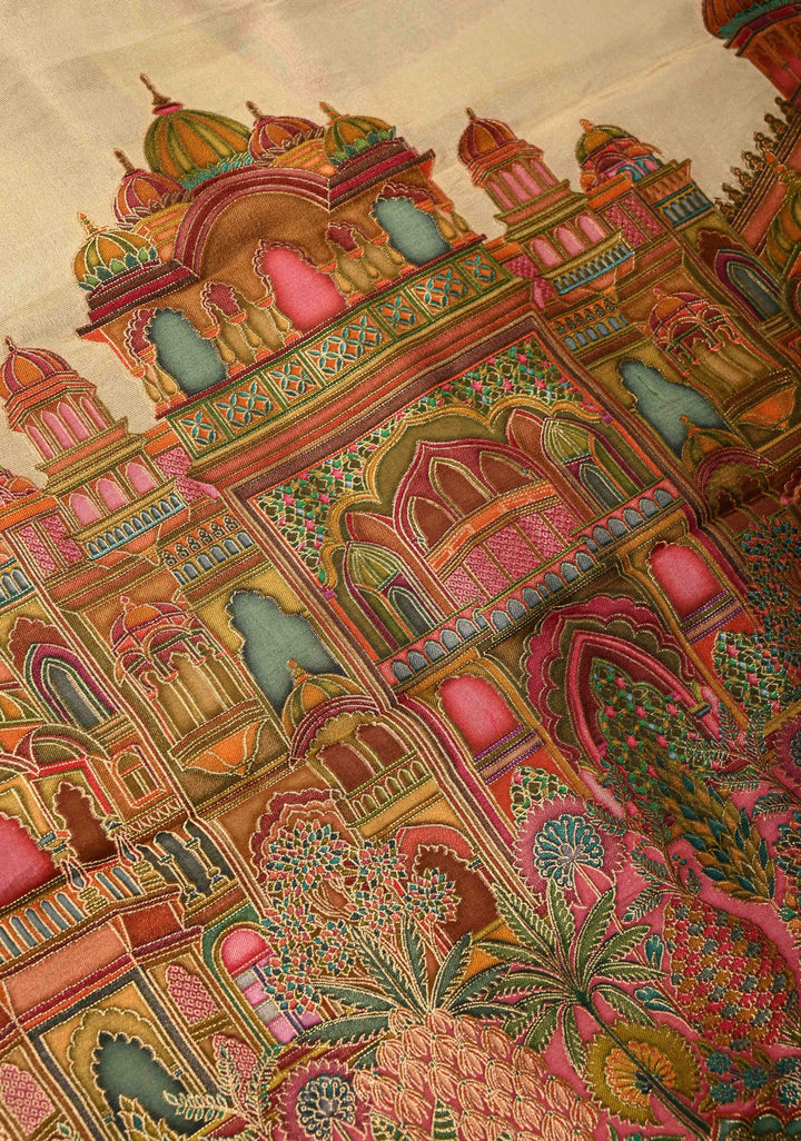 Beige Vegan  Viscose Shimmer Tissue Saree with Intricately Embroidery Border