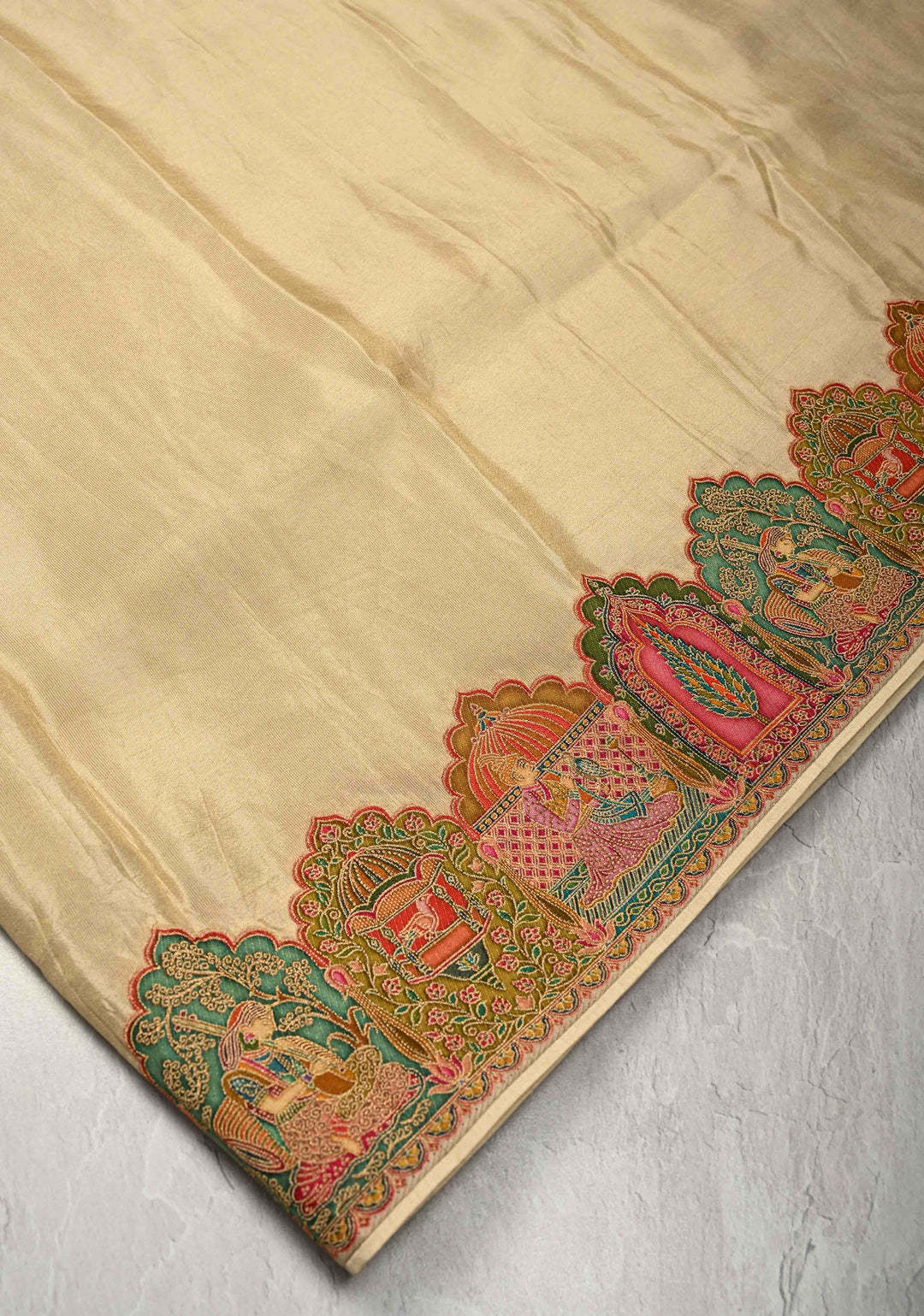 Beige Vegan  Viscose Shimmer Tissue Saree with Intricately Embroidery Border