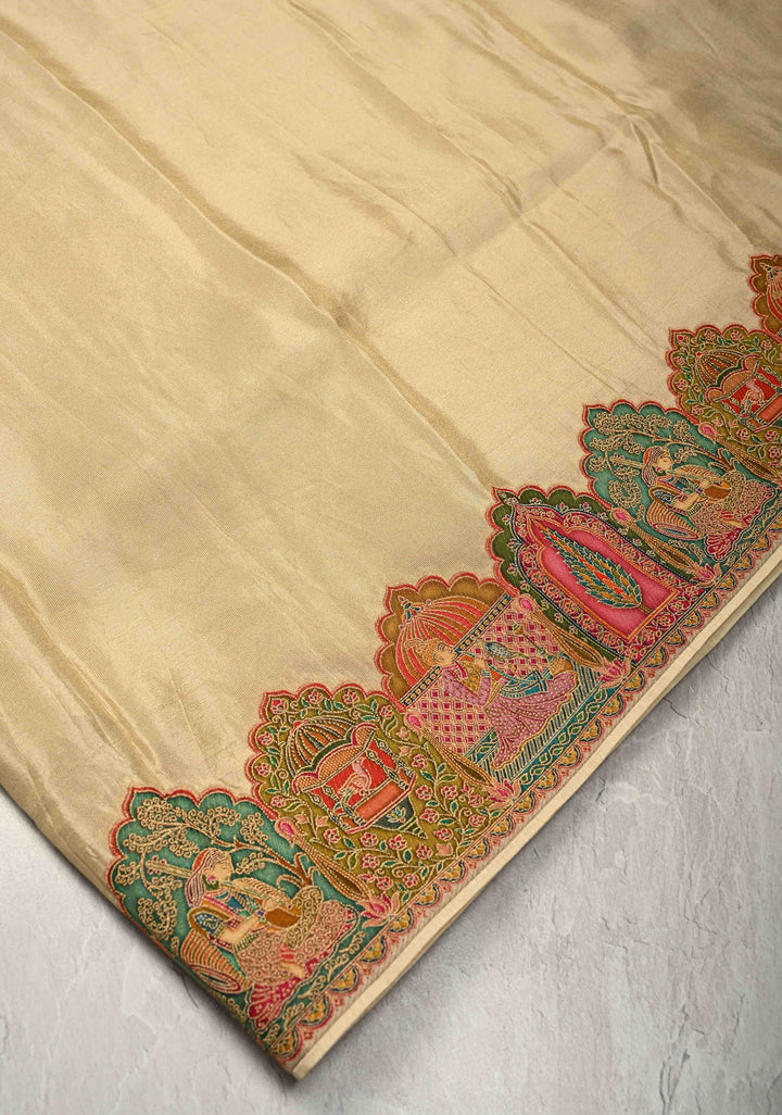 Beige Vegan  Viscose Shimmer Tissue Saree with Intricately Embroidery Border