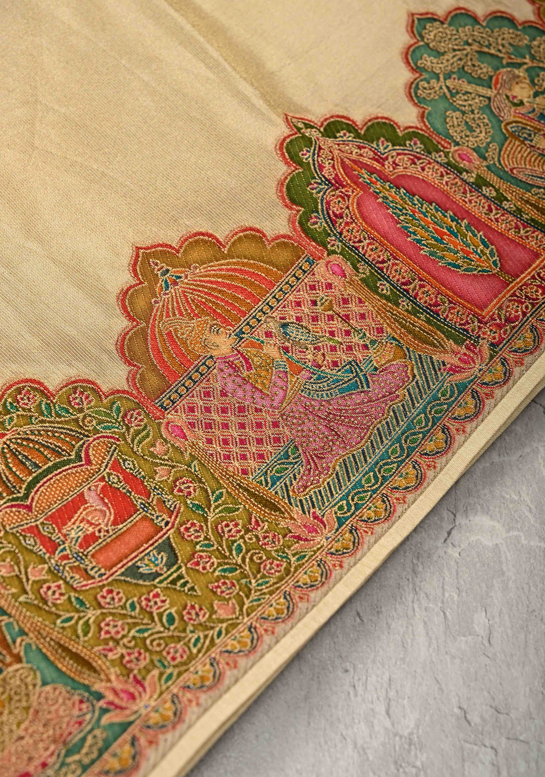 Beige Vegan  Viscose Shimmer Tissue Saree with Intricately Embroidery Border