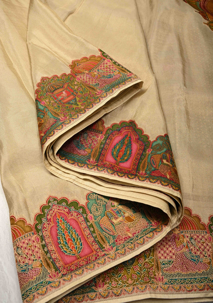 Beige Vegan  Viscose Shimmer Tissue Saree with Intricately Embroidery Border