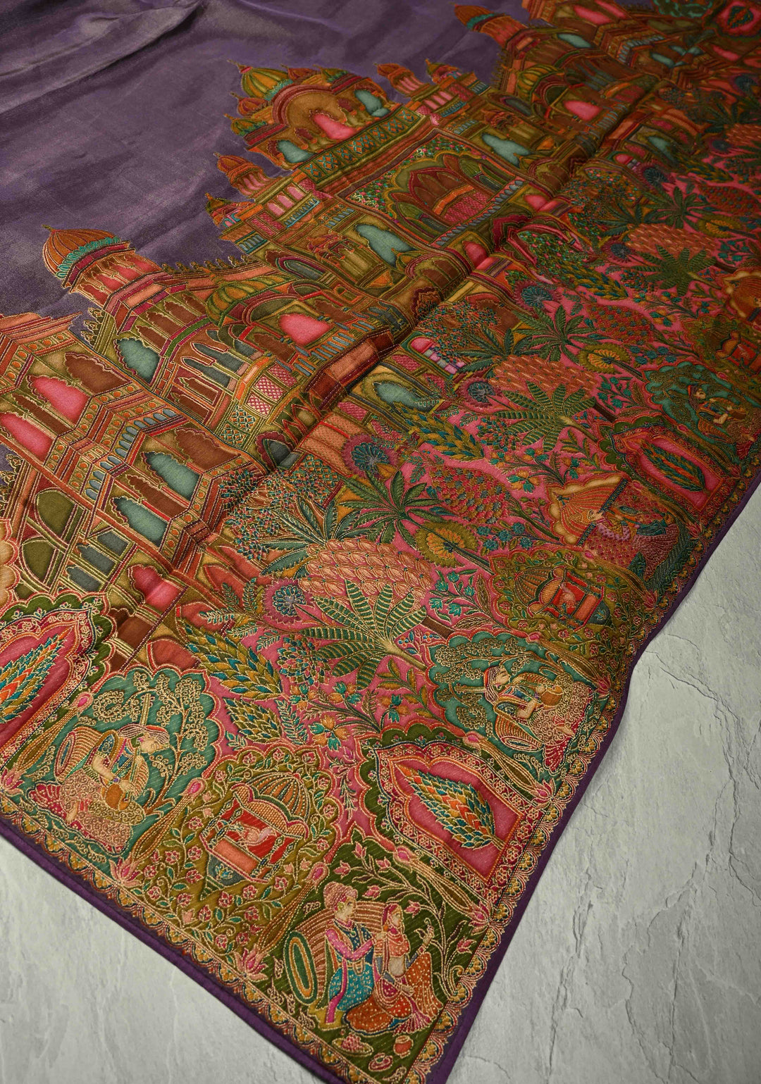 Purple Vegan Silk Tissue with Embroidery Border