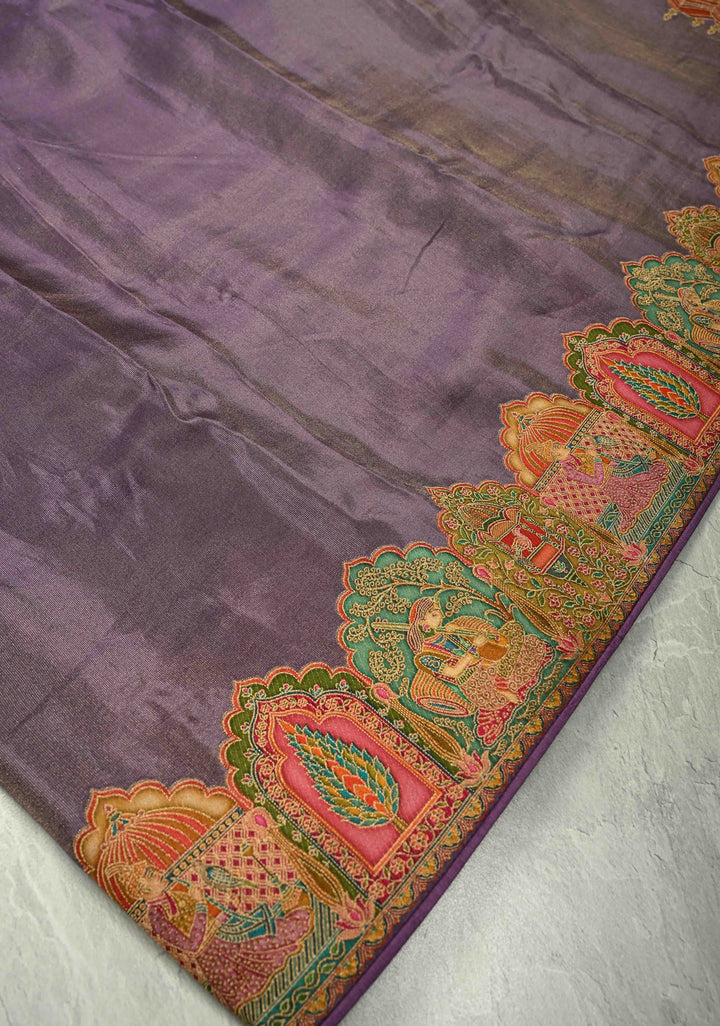 Purple Vegan Silk Tissue with Embroidery Border