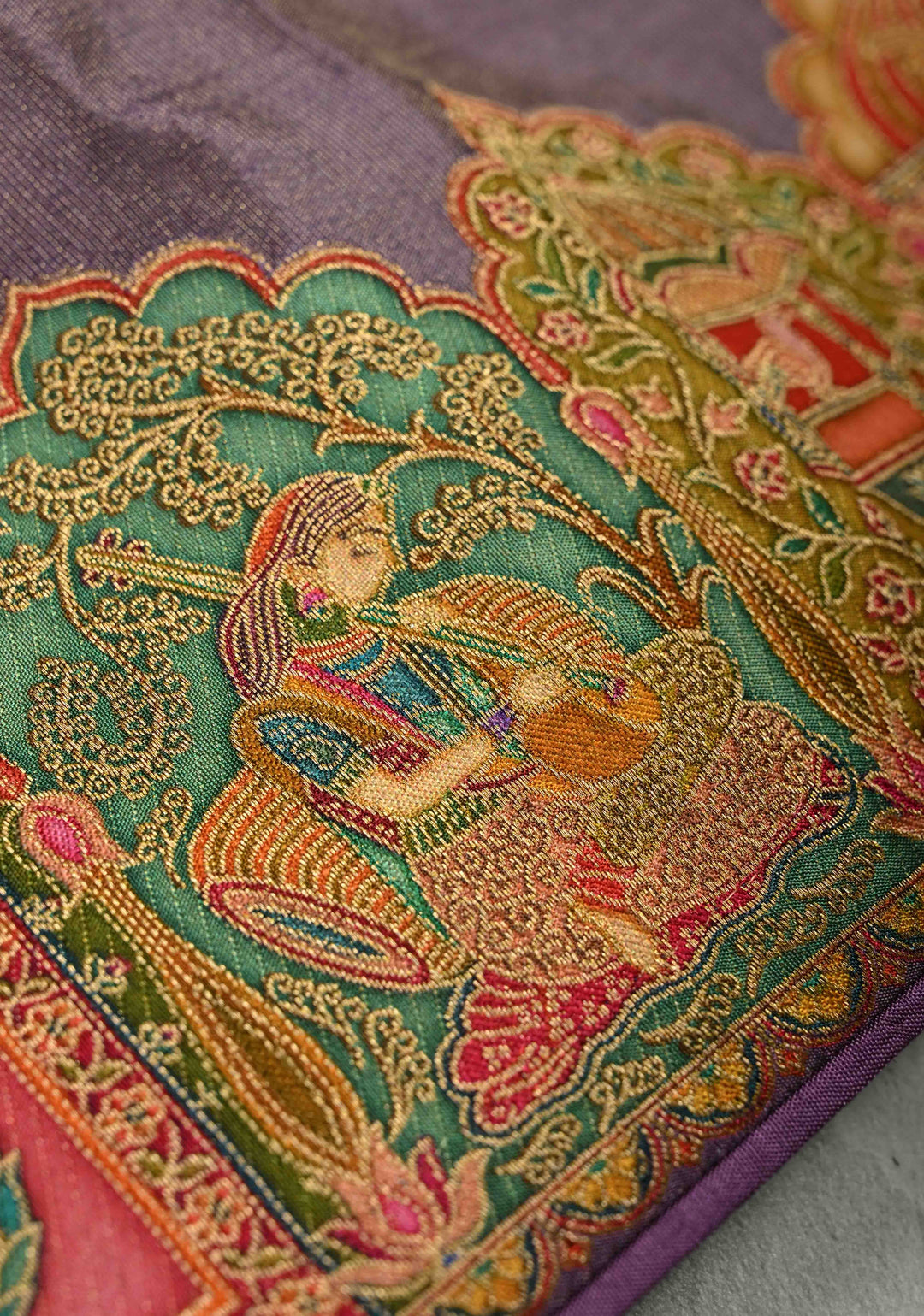 Purple Vegan Silk Tissue with Embroidery Border