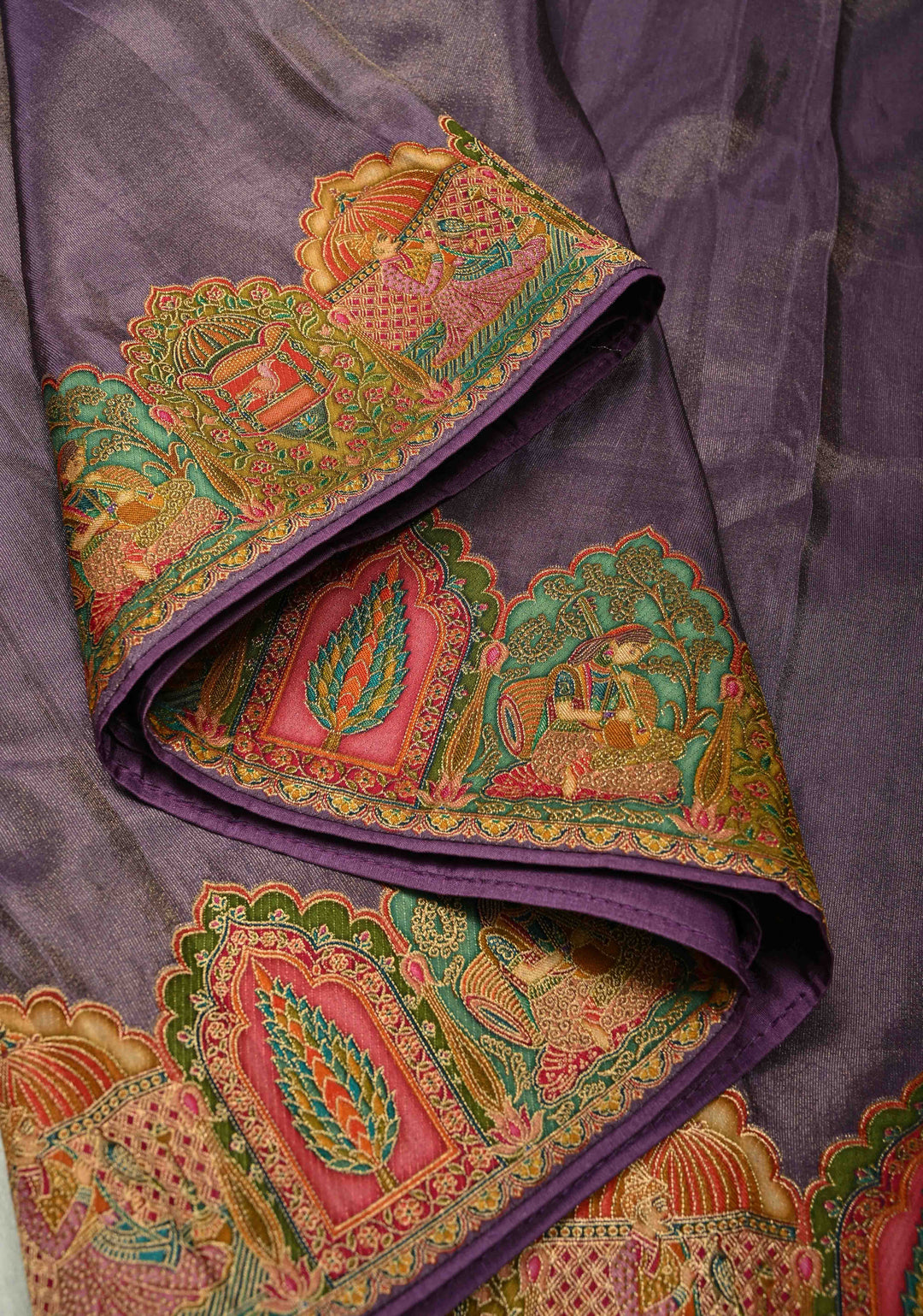 Purple Vegan Silk Tissue with Embroidery Border