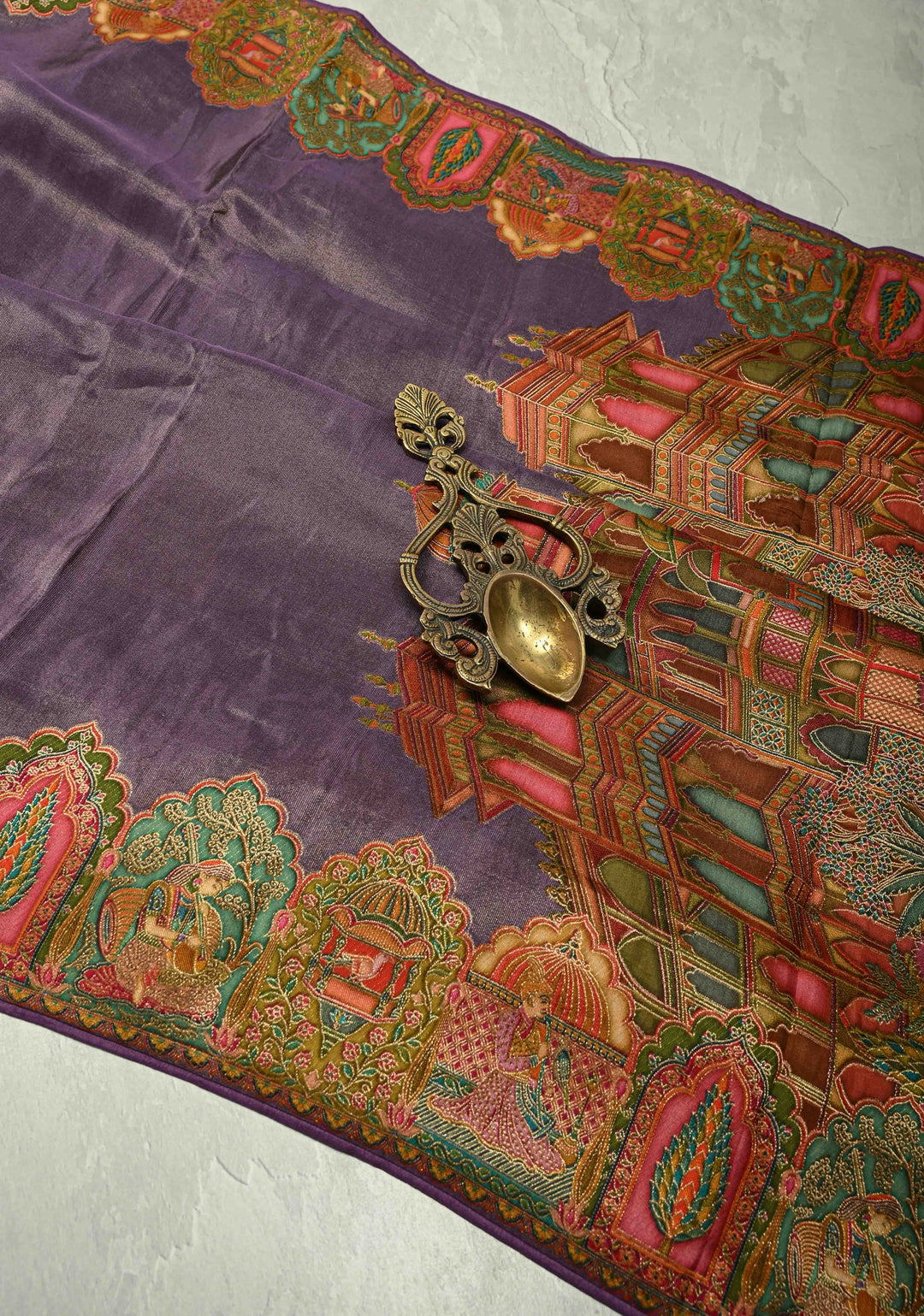 Purple Vegan Silk Tissue with Embroidery Border