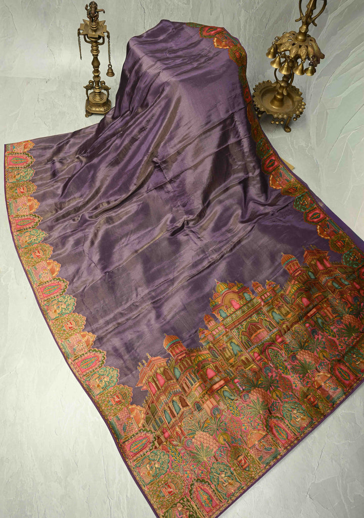 Purple Vegan Silk Tissue with Embroidery Border