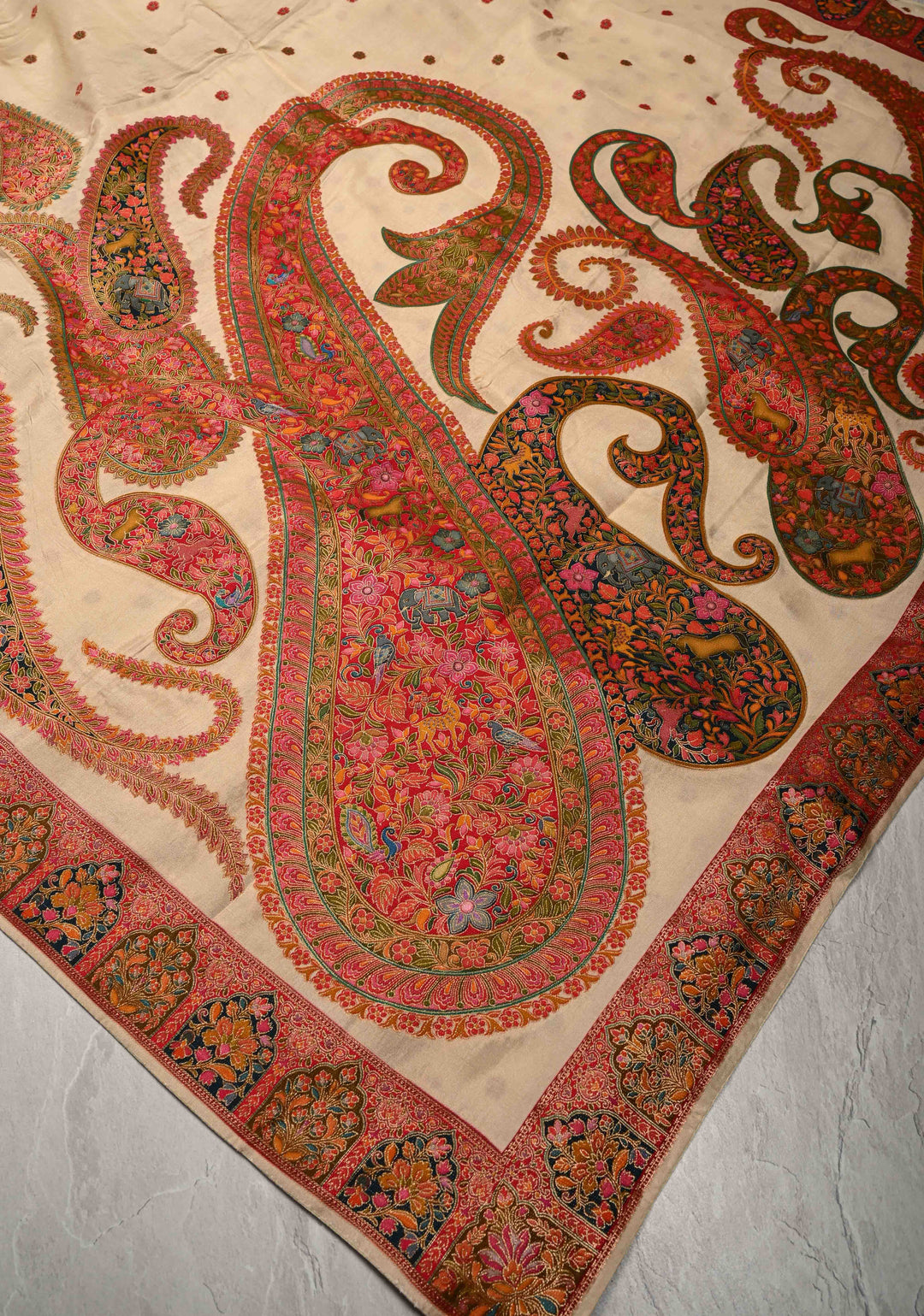 Cream Vegan Viscose Silk Saree with Meenakari Kashmiri Style Kani Design and Border