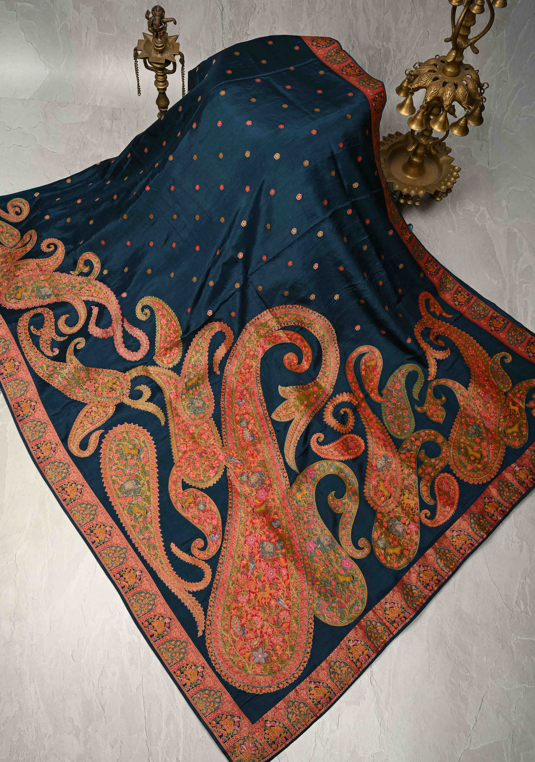 Persian Blue Vegan Viscose Silk Saree with Kashmiri Weave Kani Design and Border