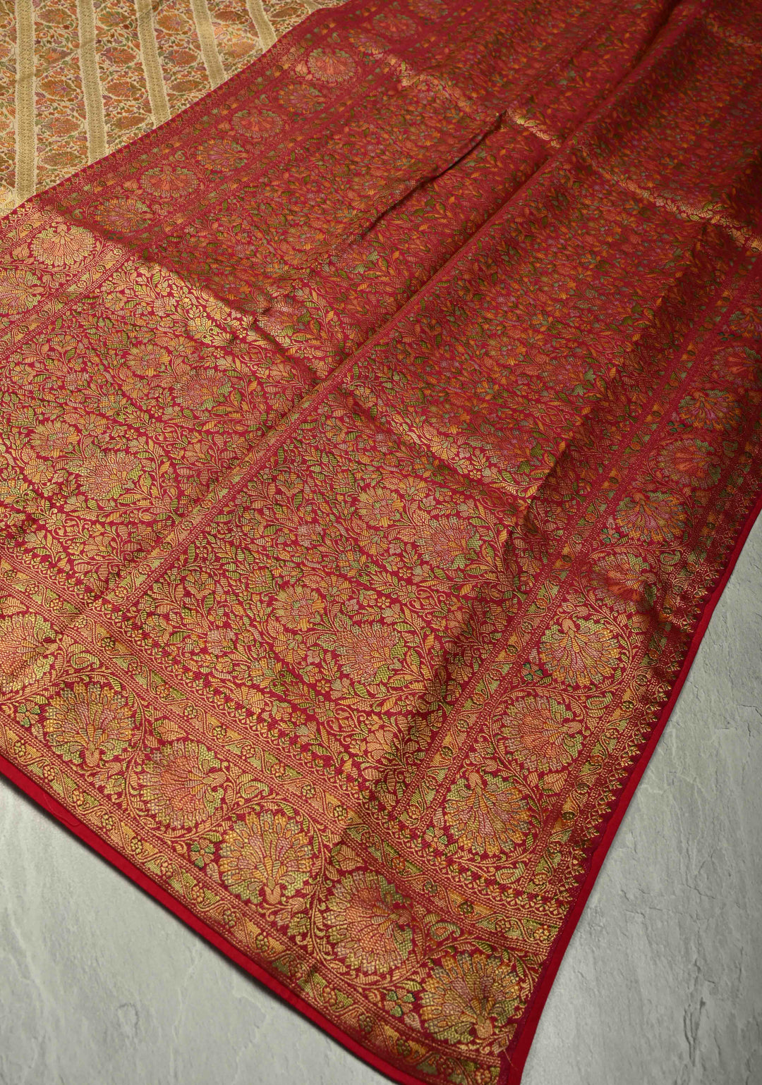 Vegan Silk Saree in Cream with Meenakari Floral Diagonal Stripes and Contrast Border