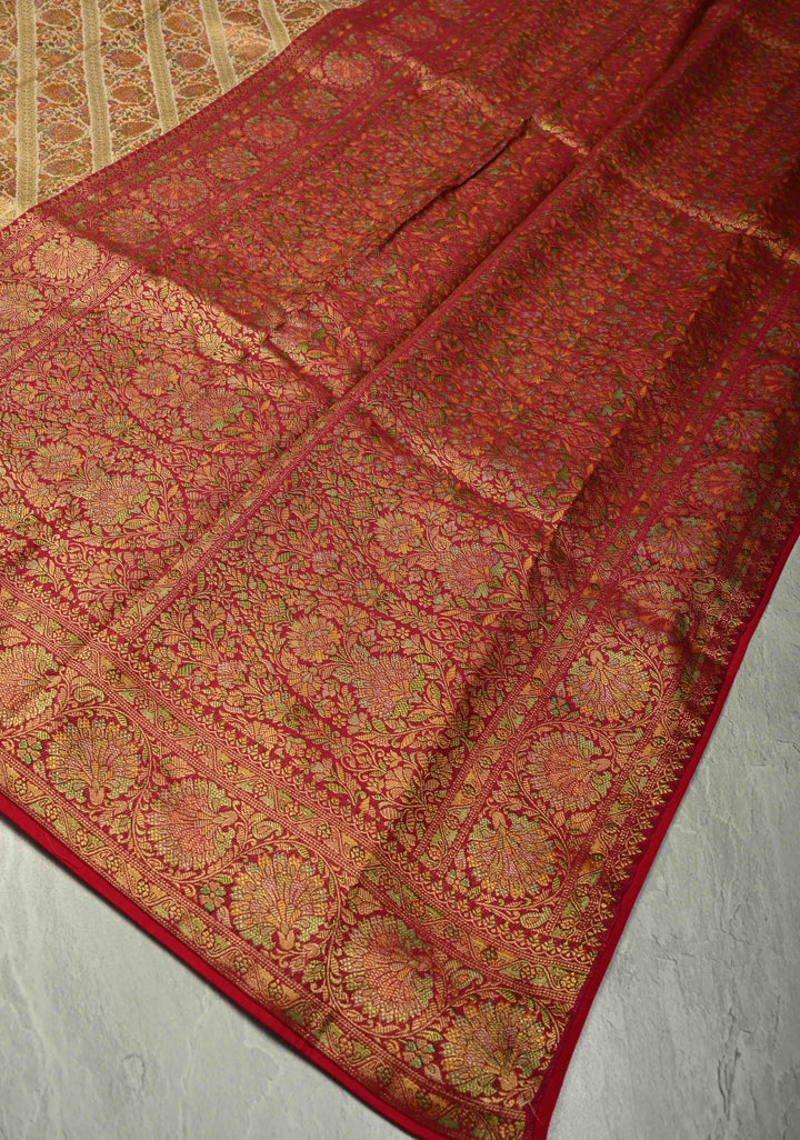 Vegan Silk Saree in Cream with Meenakari Floral Diagonal Stripes and Contrast Border