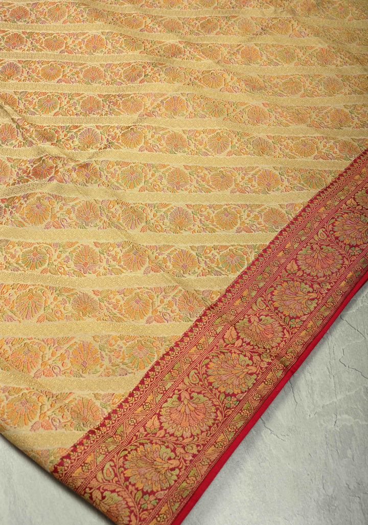Vegan Silk Saree in Cream with Meenakari Floral Diagonal Stripes and Contrast Border