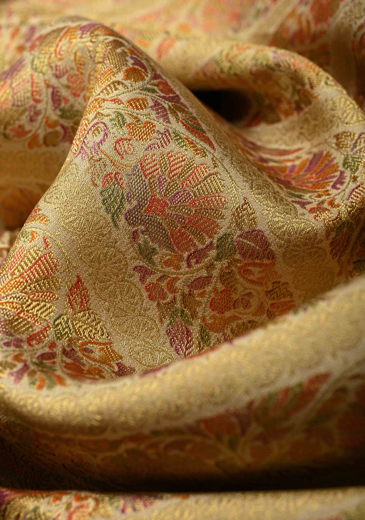 Vegan Silk Saree in Cream with Meenakari Floral Diagonal Stripes and Contrast Border