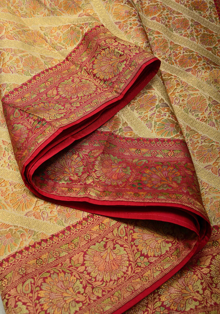 Vegan Silk Saree in Cream with Meenakari Floral Diagonal Stripes and Contrast Border