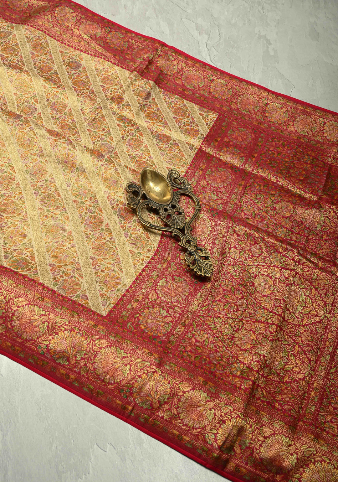 Vegan Silk Saree in Cream with Meenakari Floral Diagonal Stripes and Contrast Border