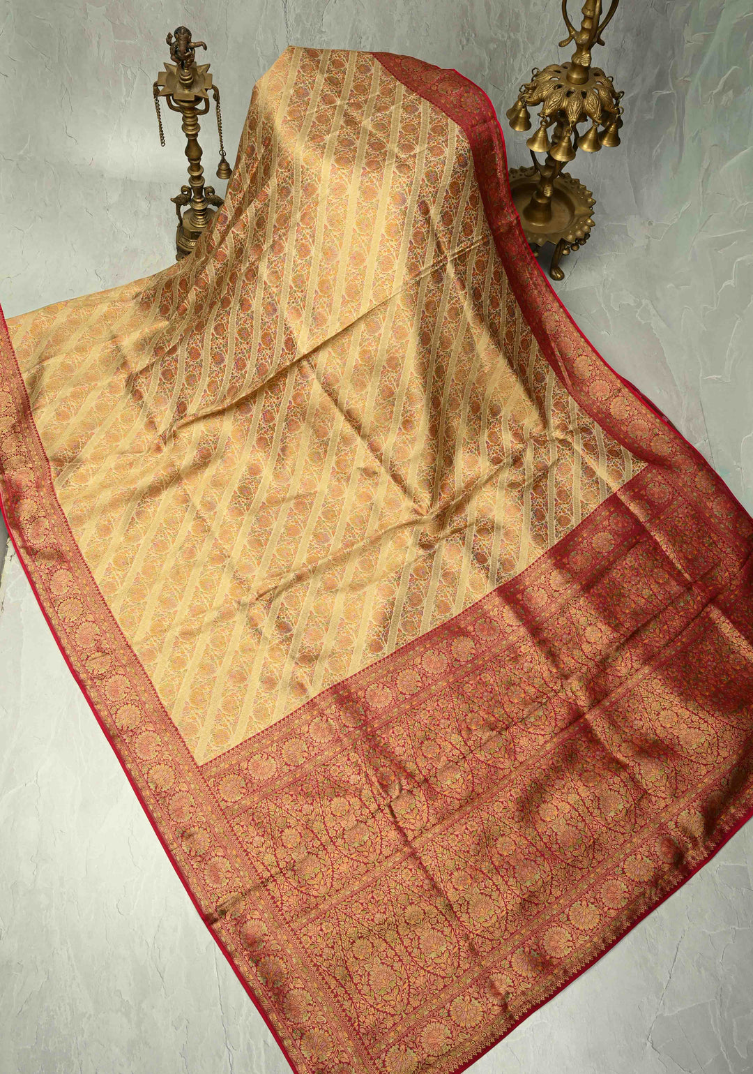 Vegan Silk Saree in Cream with Meenakari Floral Diagonal Stripes and Contrast Border