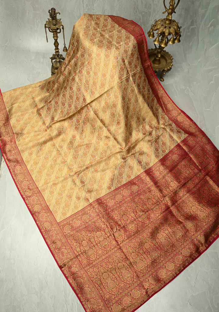 Vegan Silk Saree in Cream with Meenakari Floral Diagonal Stripes and Contrast Border