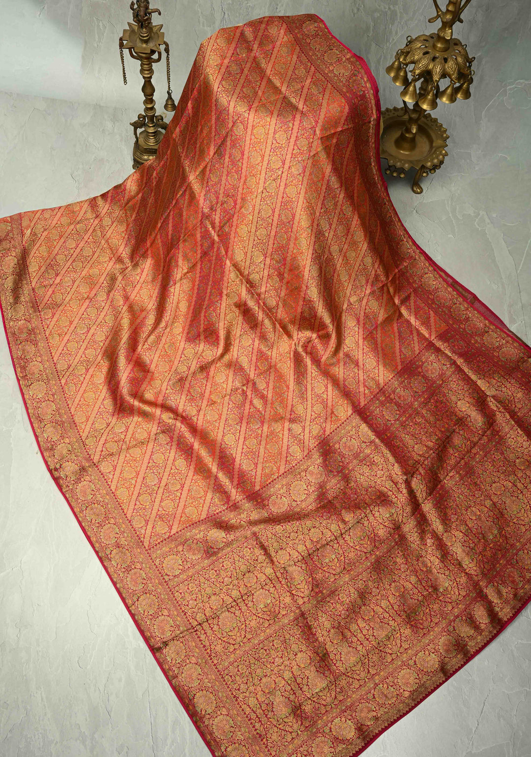Vegan Silk Saree in Pink-Red with Lehriya Design and Border
