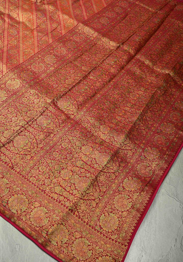 Vegan Silk Saree in Pink-Red with Lehriya Design and Border