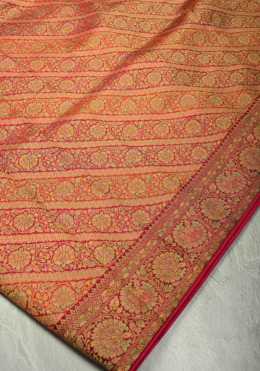 Vegan Silk Saree in Pink-Red with Lehriya Design and Border
