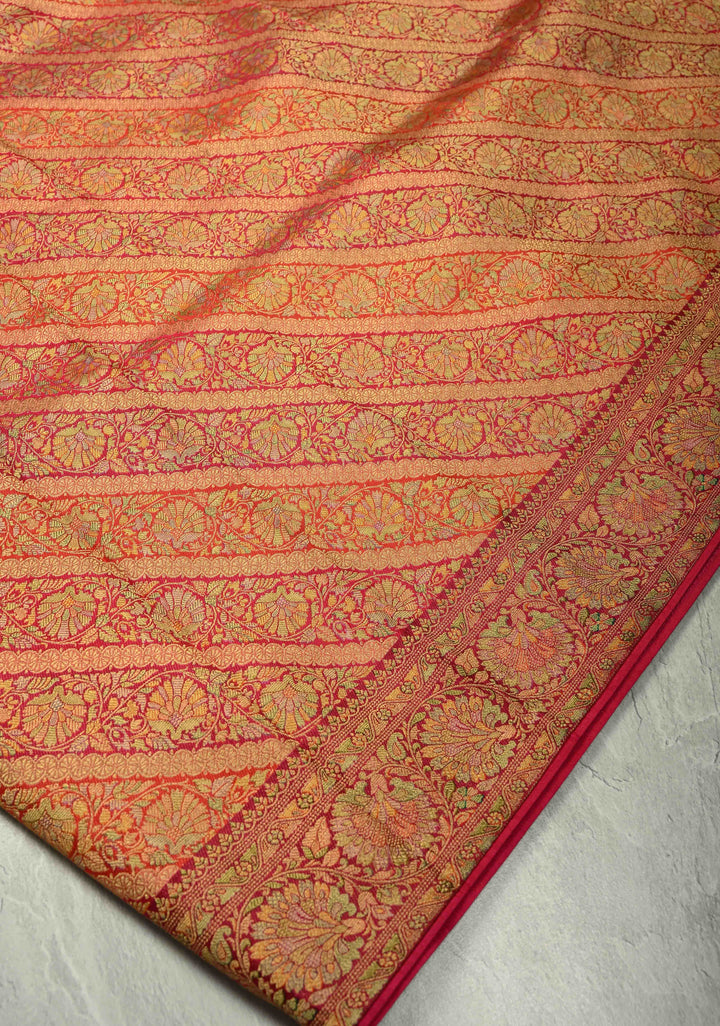 Vegan Silk Saree in Pink-Red with Lehriya Design and Border