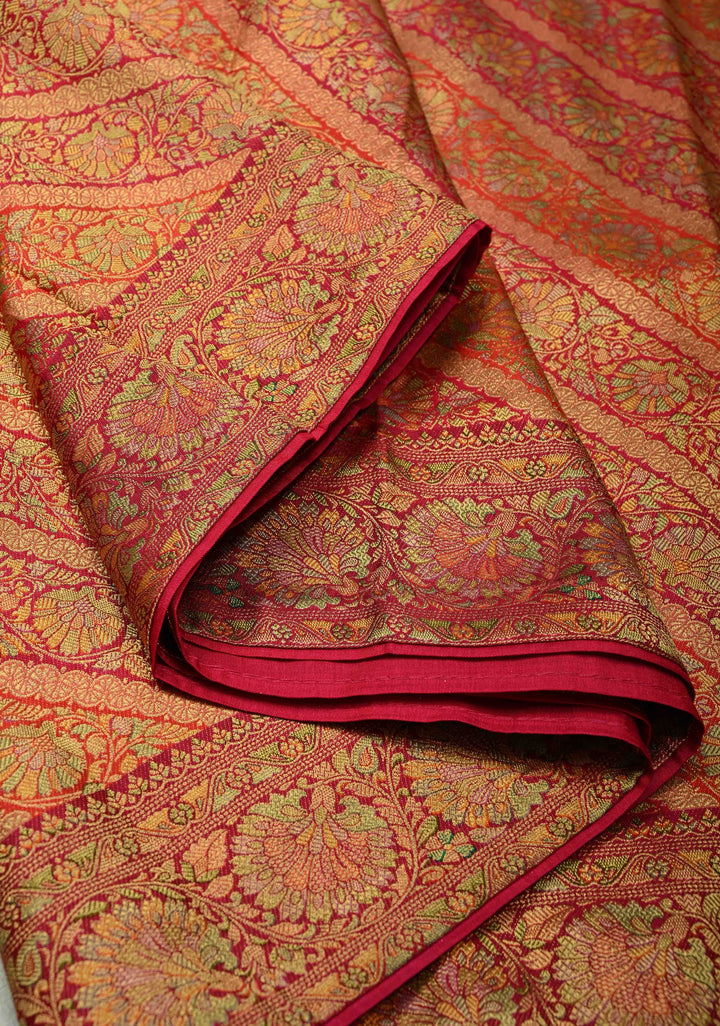 Vegan Silk Saree in Pink-Red with Lehriya Design and Border
