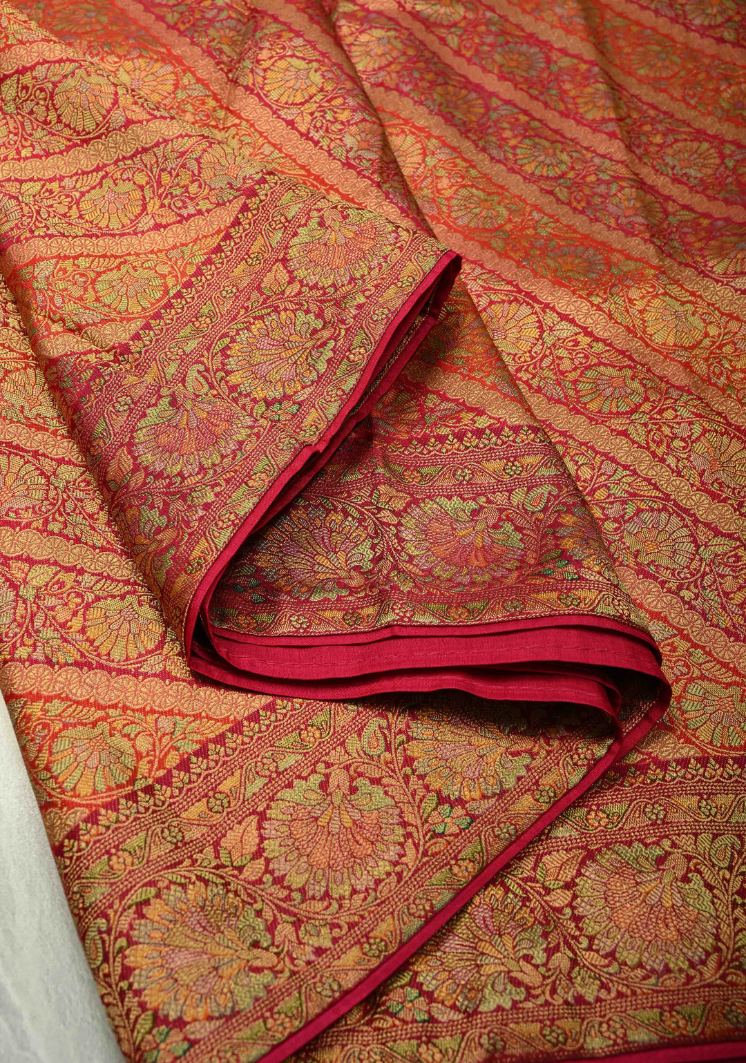 Vegan Silk Saree in Pink-Red with Lehriya Design and Border