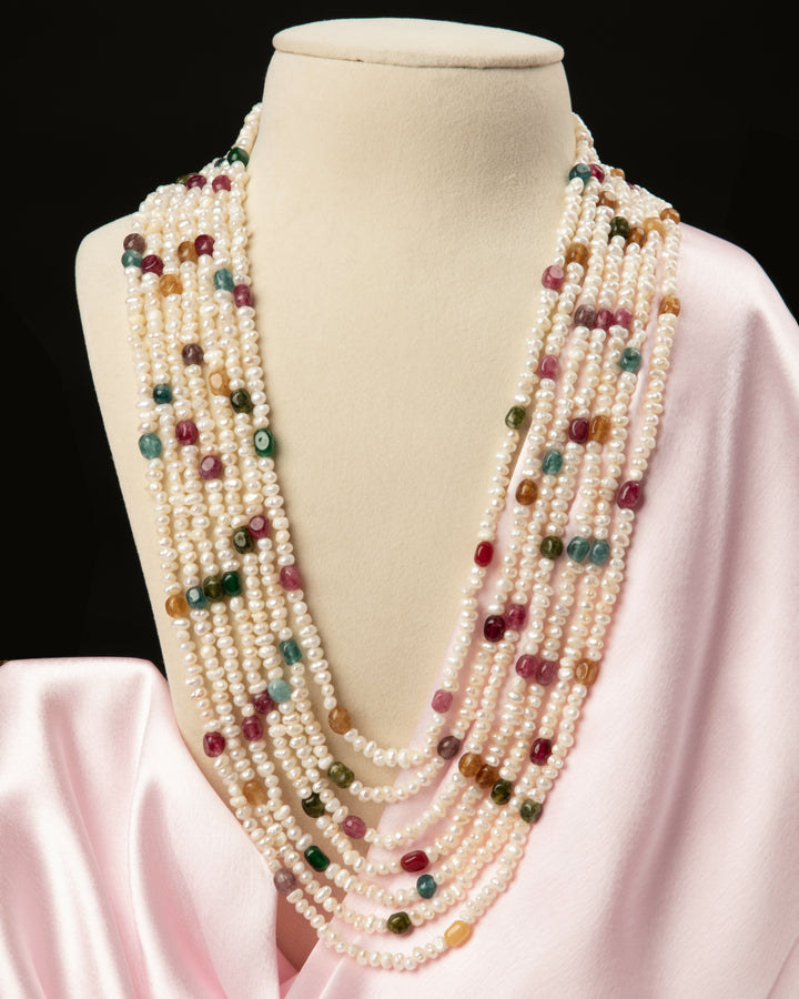 Rangrez Moti Mala – Natural Tourmaline & Pearl Necklace| SHOBITAM