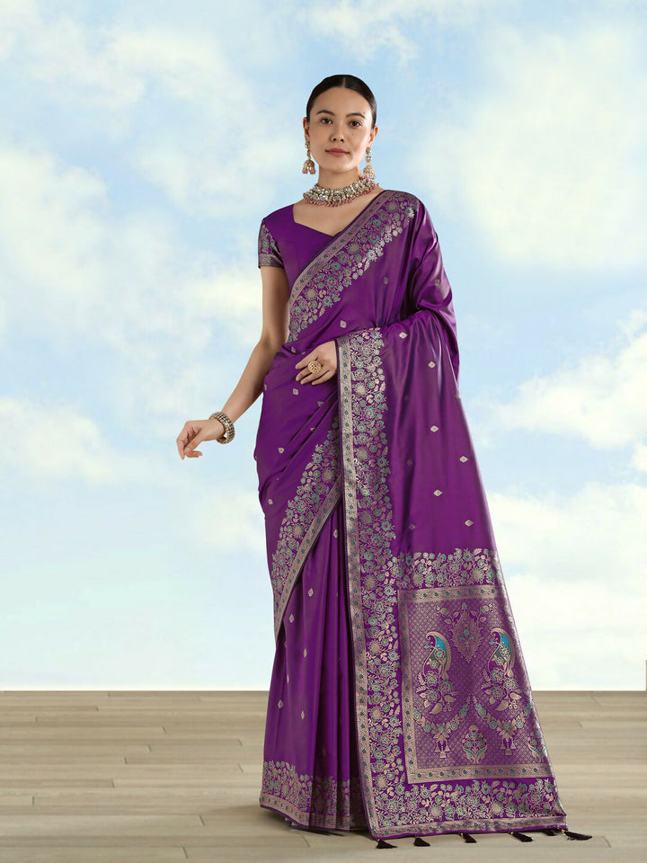 Purple Semi Banarasi Satin silk Saree With Zari Border And Butti Work | SHOBITAM