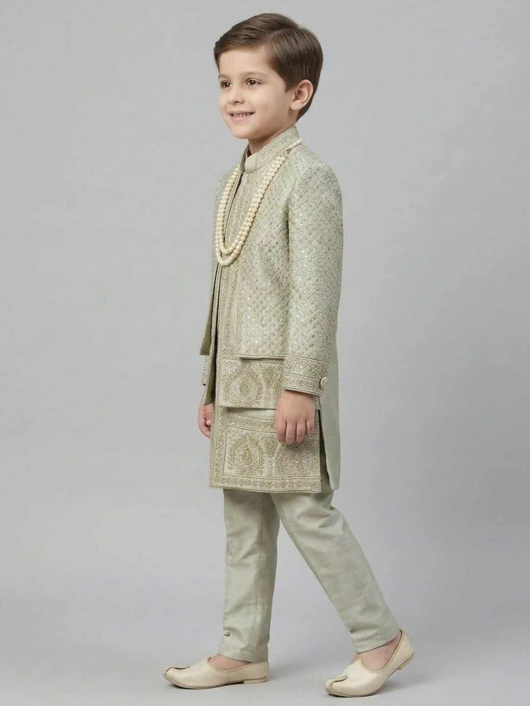 Boys Embroidered Light Grey Sherwani Set with Jacket, Trousers and Pearl Chain | SHOBITAM