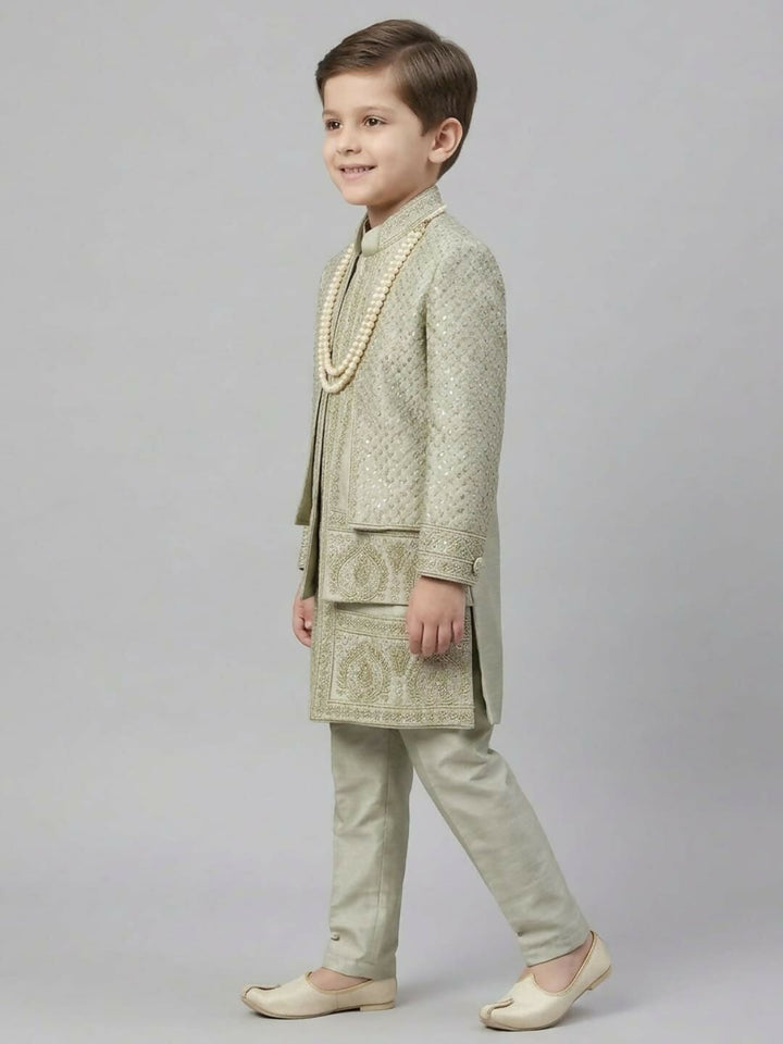 Boys Embroidered Light Grey Sherwani Set with Jacket, Trousers and Pearl Chain | SHOBITAM