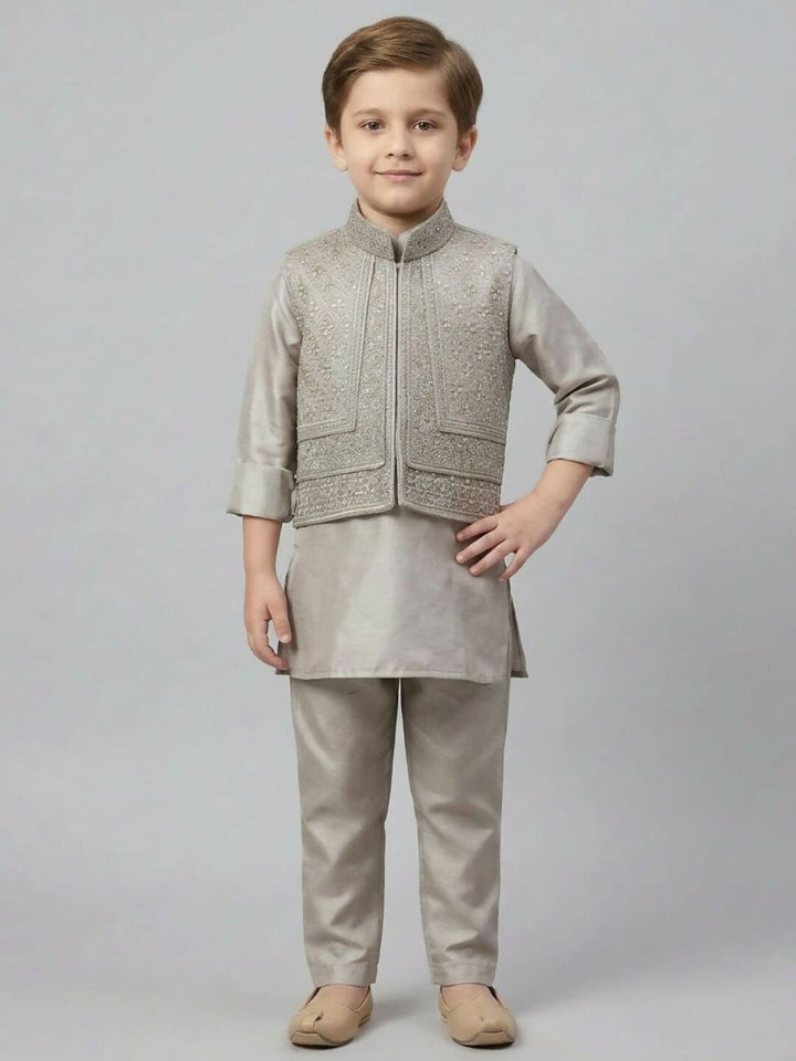 Boys Grey Kurta Pajama Set with Printed Nehru Jacket | SHOBITAM
