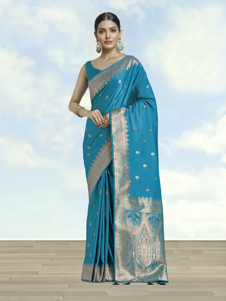 Cyan blue Banarasi Satin Silk Saree With Blouse Piece |SHOBITAM