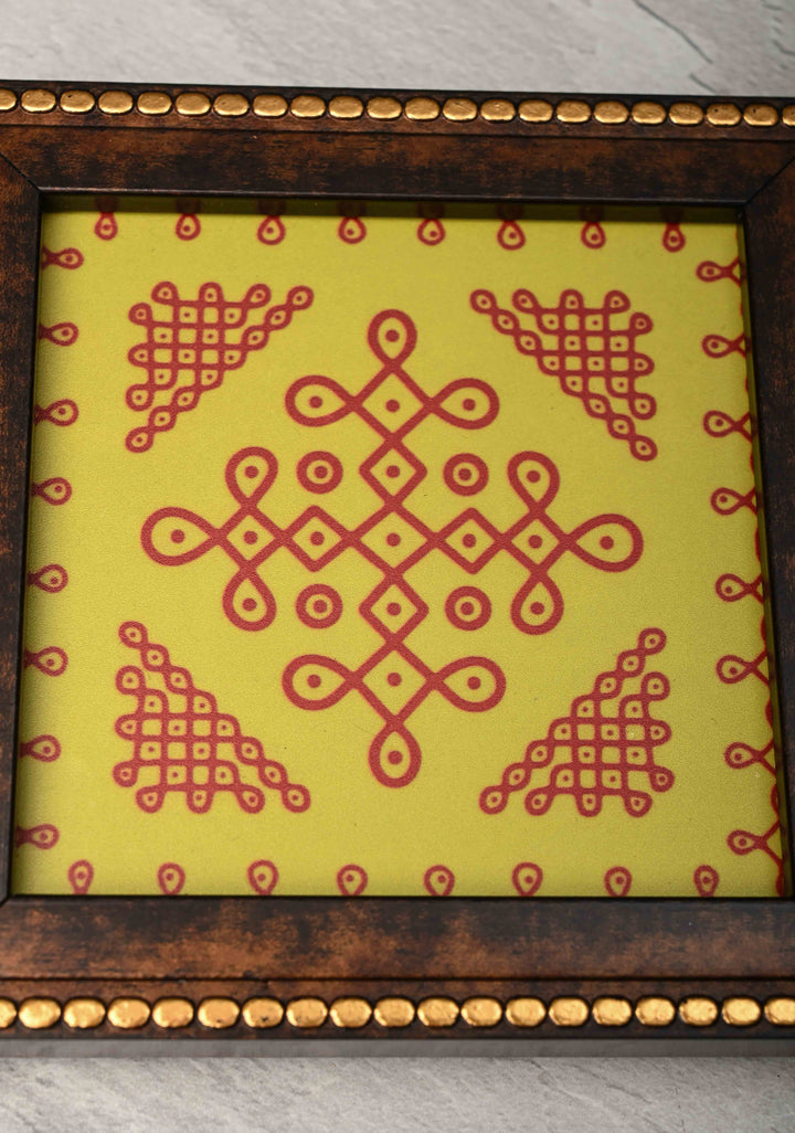pack of 10 Festival Return Gifts - Home Decorative Wooden Framed Kolam or Rangoli Artwork Coasters