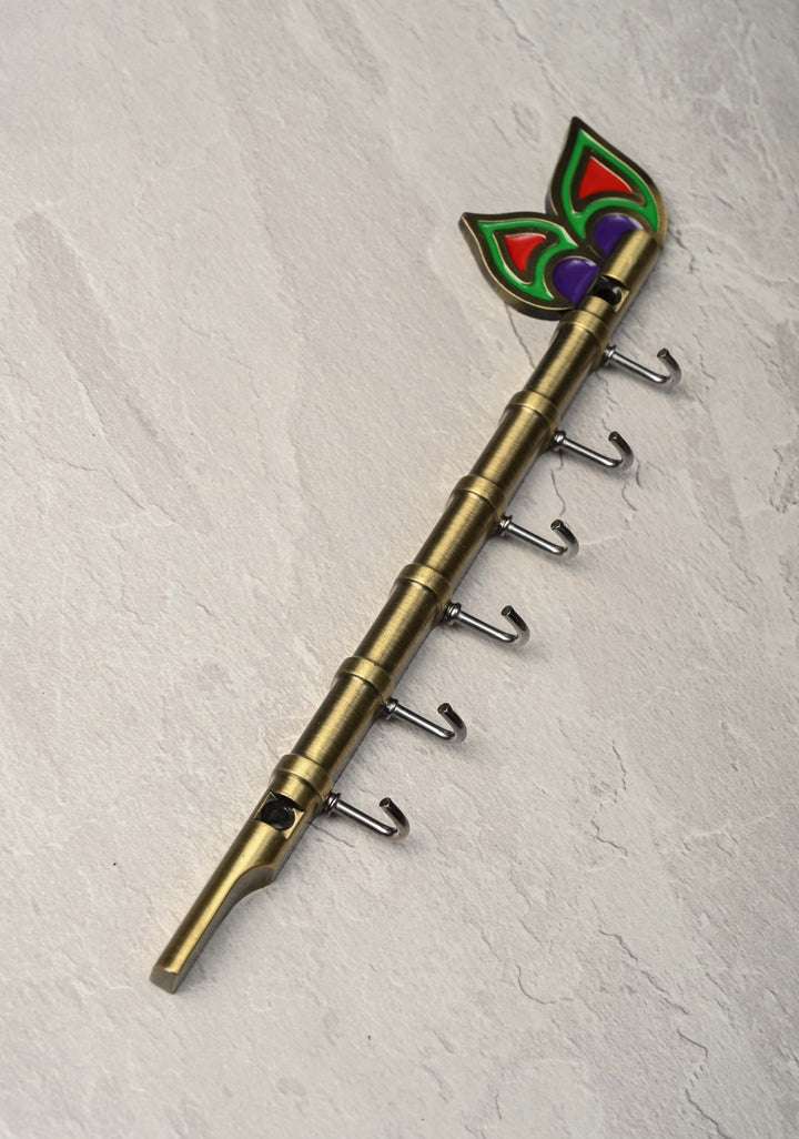 Festival Return Gifts - Home Decorative Flute Shaped Wall Mounted Key Holder with Peacock Feather Design