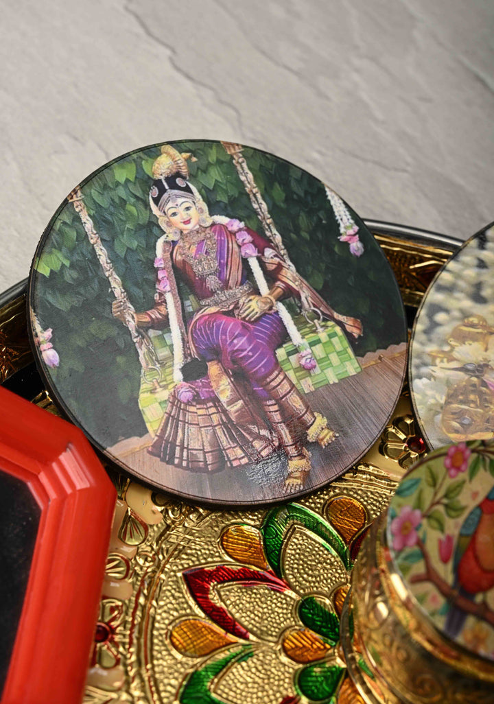Pack of 10 : Festival Return Gifts -  Combo Set- Thali with Kumkum, Haldi, Deity Magnets, Mirror and Kumkum Box
