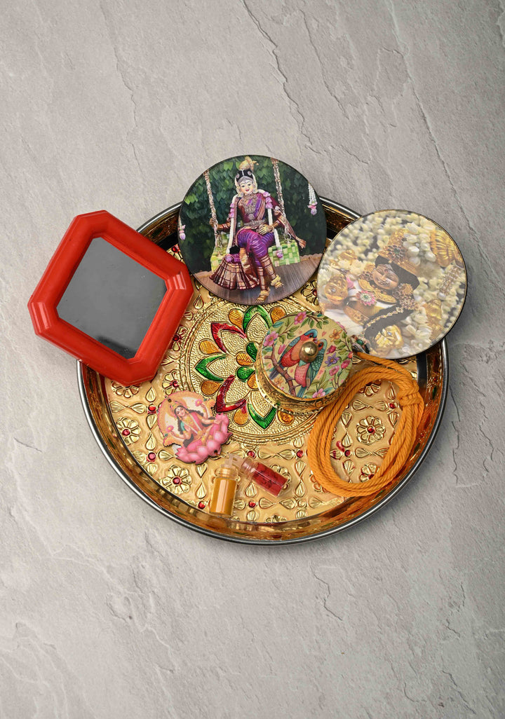 Pack of 10 : Festival Return Gifts -  Combo Set- Thali with Kumkum, Haldi, Deity Magnets, Mirror and Kumkum Box