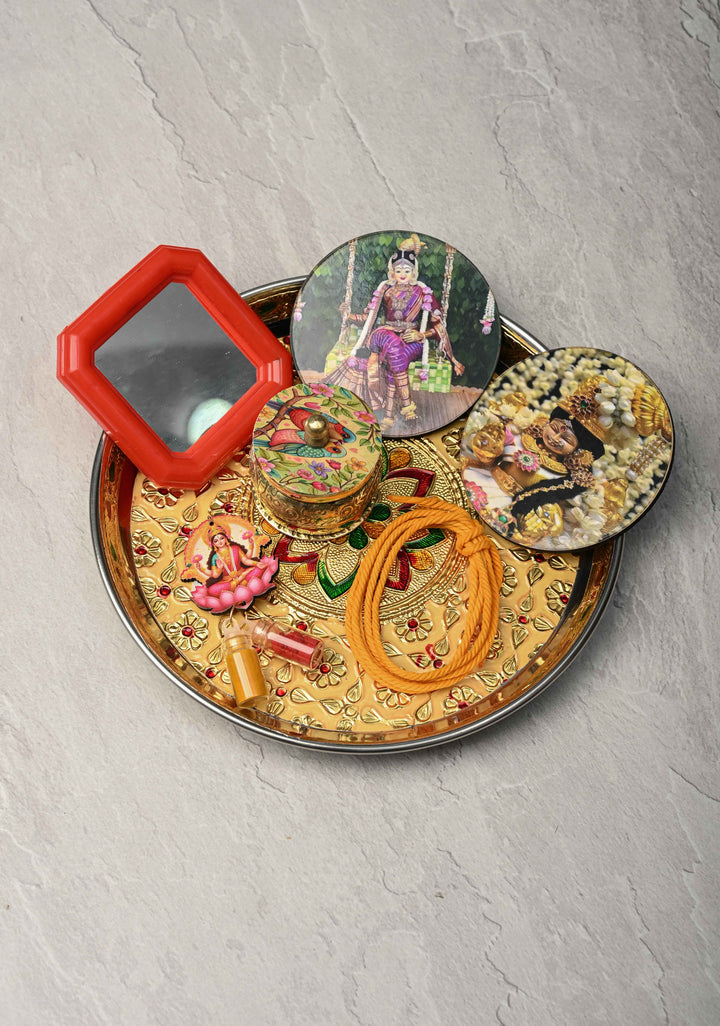 Pack of 10 : Festival Return Gifts -  Combo Set- Thali with Kumkum, Haldi, Deity Magnets, Mirror and Kumkum Box