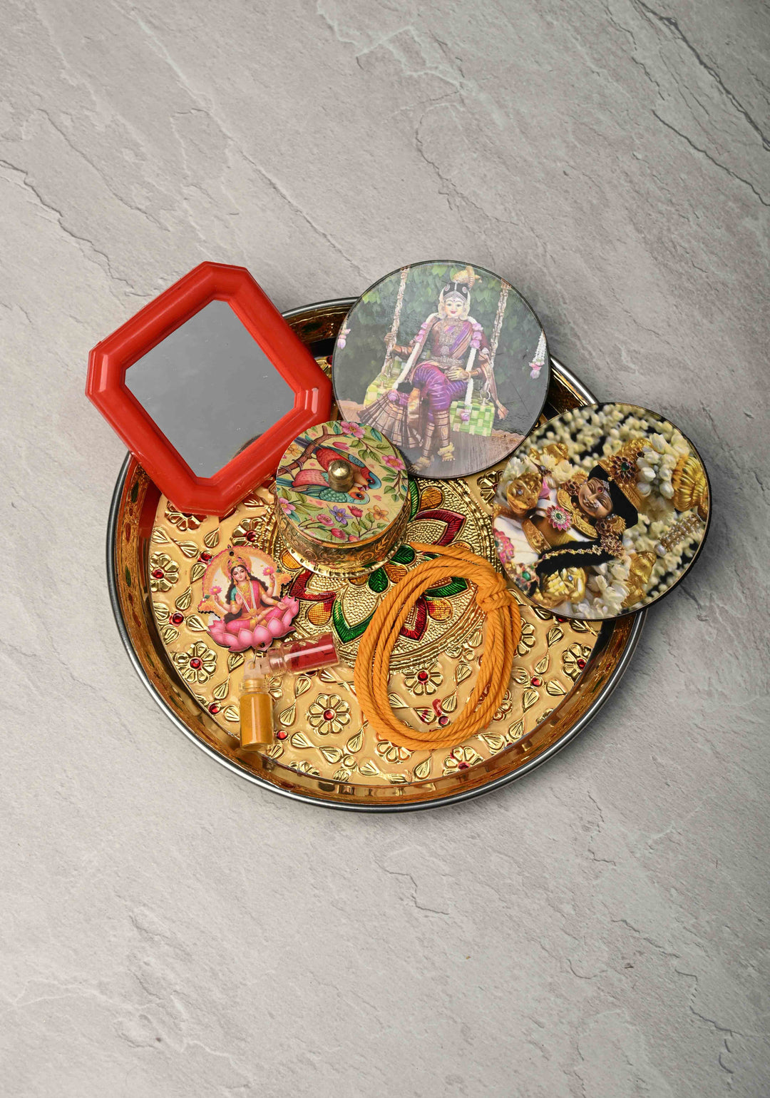 Pack of 10 : Festival Return Gifts -  Combo Set- Thali with Kumkum, Haldi, Deity Magnets, Mirror and Kumkum Box