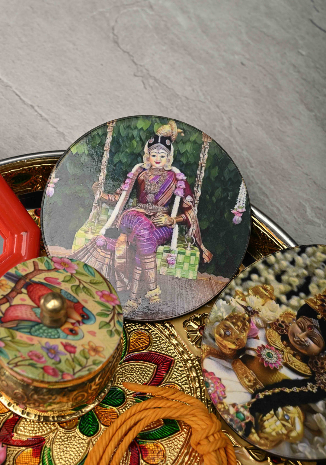 Pack of 10 : Festival Return Gifts -  Combo Set- Thali with Kumkum, Haldi, Deity Magnets, Mirror and Kumkum Box