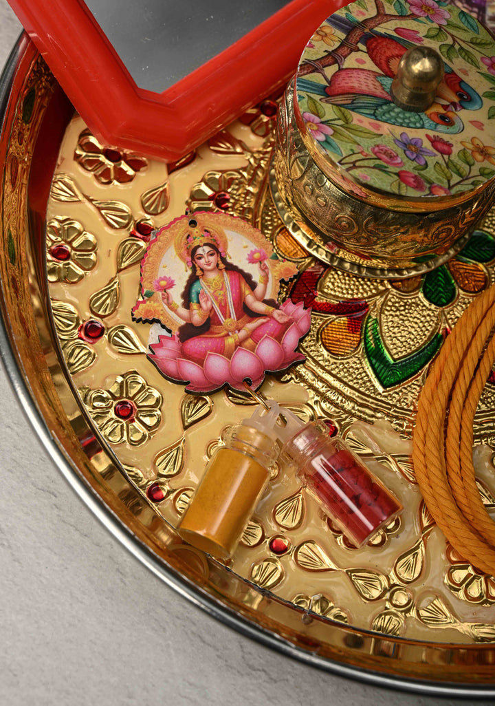 Pack of 10 : Festival Return Gifts -  Combo Set- Thali with Kumkum, Haldi, Deity Magnets, Mirror and Kumkum Box