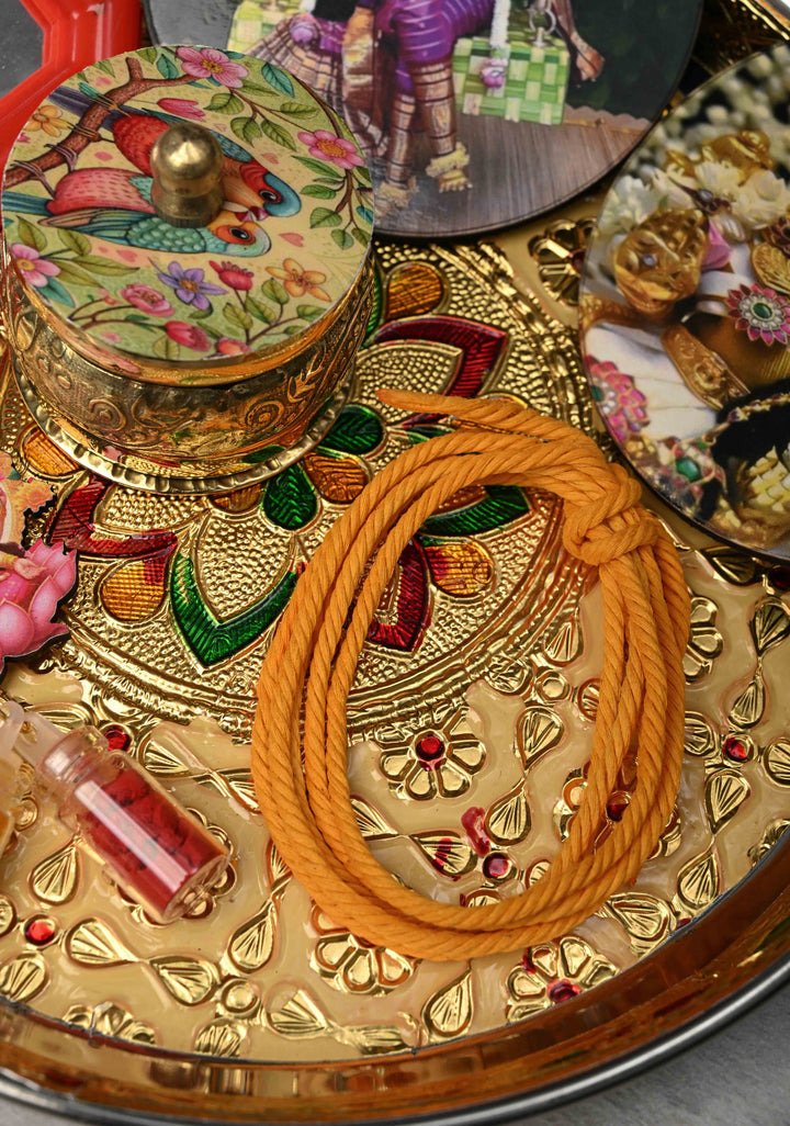 Pack of 10 : Festival Return Gifts -  Combo Set- Thali with Kumkum, Haldi, Deity Magnets, Mirror and Kumkum Box