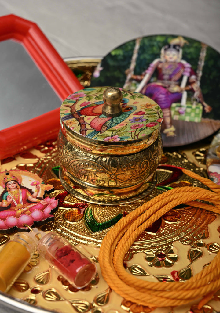 Pack of 10 : Festival Return Gifts -  Combo Set- Thali with Kumkum, Haldi, Deity Magnets, Mirror and Kumkum Box