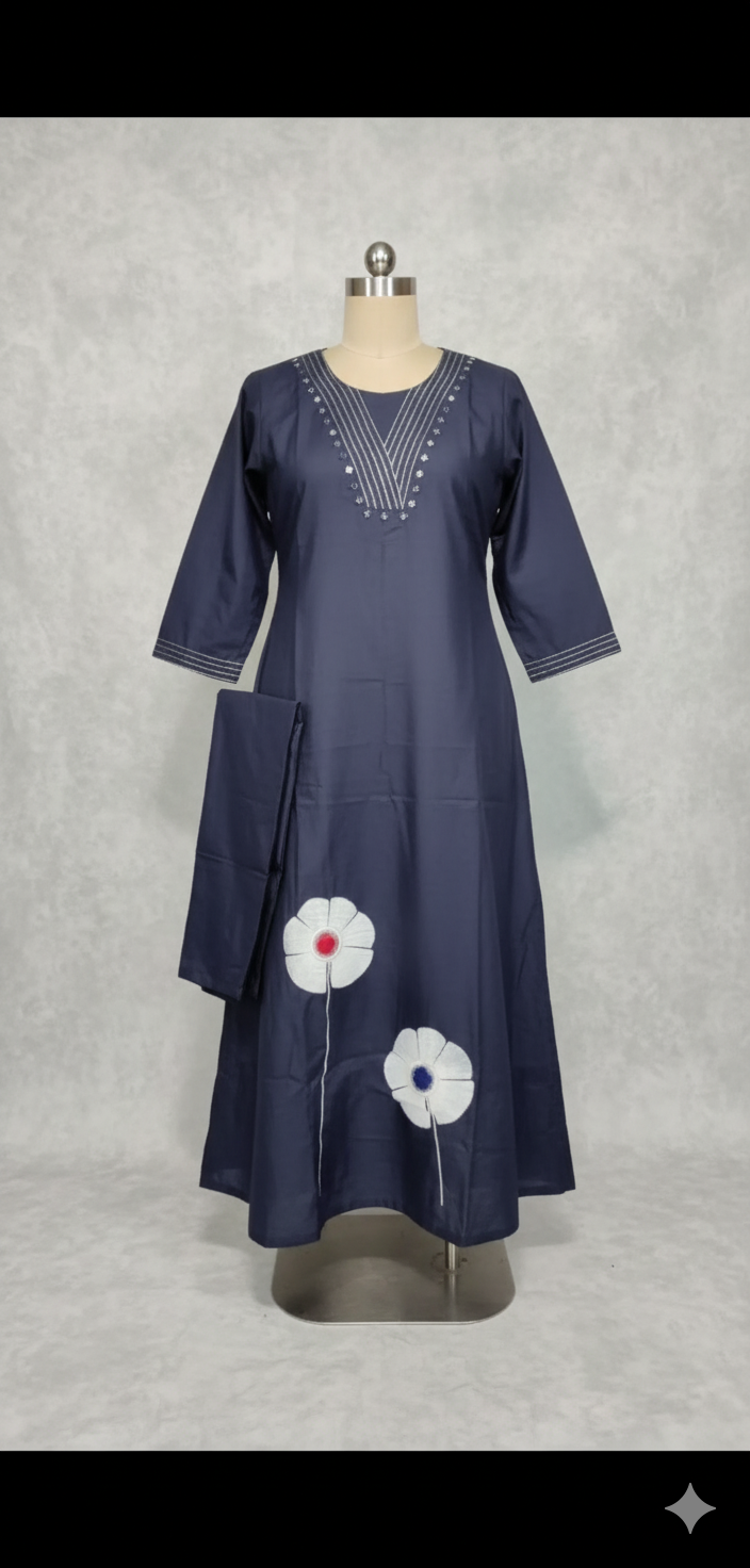 Navy Cotton Applique Floral Kurti 2 piece Set | Made to Order