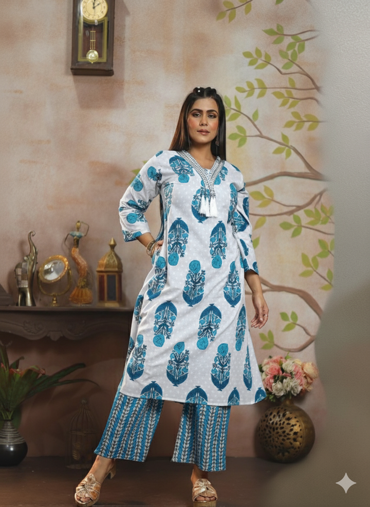 Blue A-Line Printed Cotton Kurti & Pant Set | Made to Order