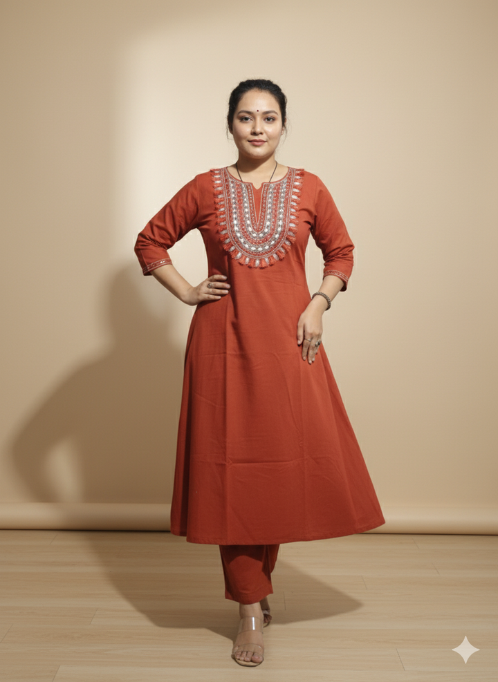 Rust Cotton Fumka Neck Kurti Set – Mirror Embroidery  | Made to Order