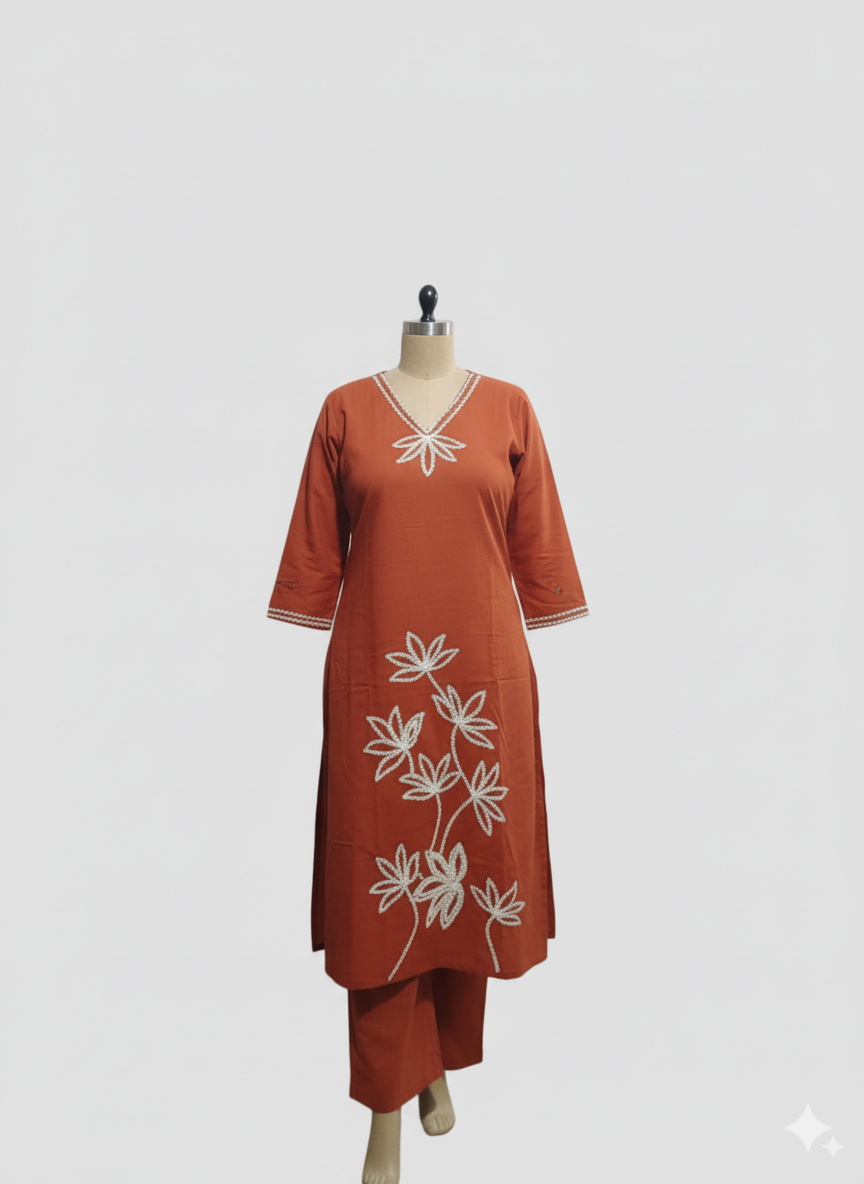 Rust Cotton Applique Daman Kurti 2 piece Set | Made to Order